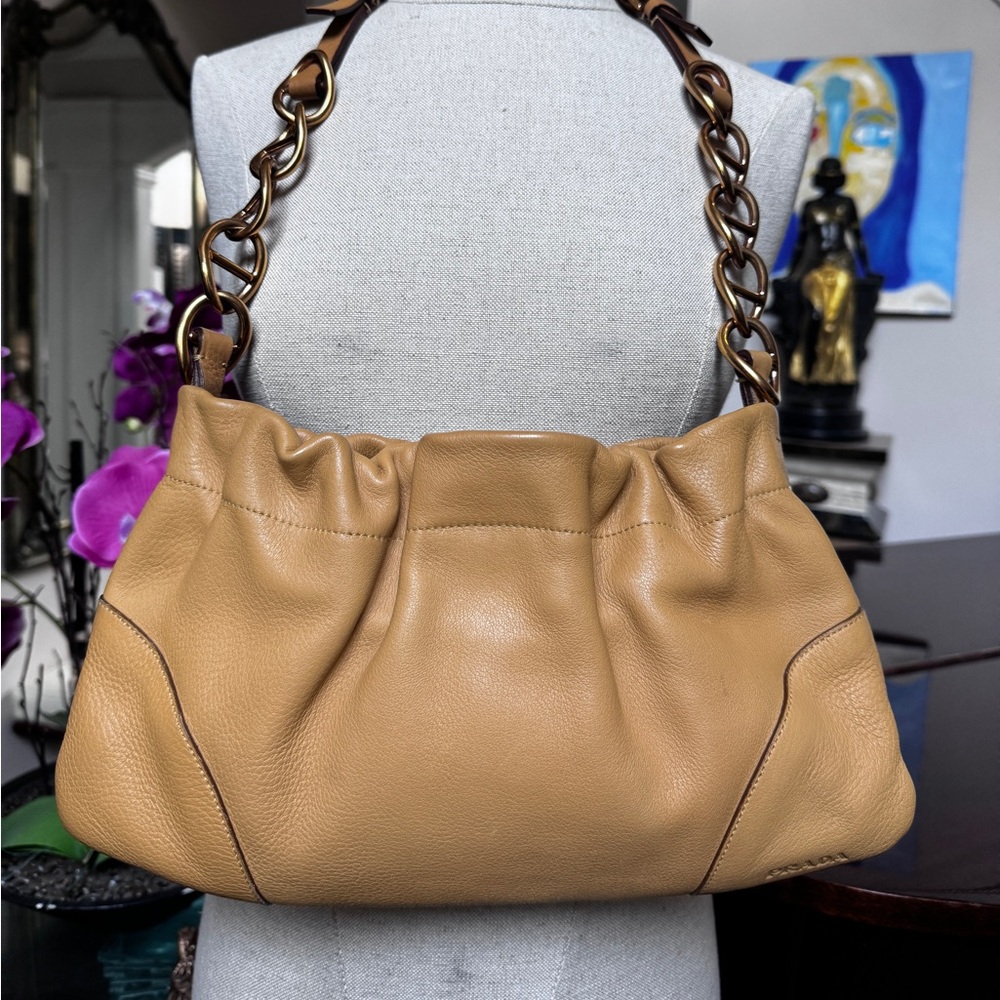 Prada Tan Leather Shoulder Bag Gold Chain Strap